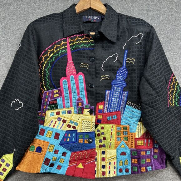 PUSHPA Vintage Blazer Women's Medium Colorful Sky Scraper Buildings Rainbow 90s - Picture 2 of 15
